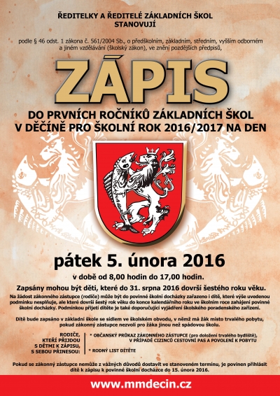 Z&aacute;pis do prvn&iacute;ch ročn&iacute;ků z&aacute;kladn&iacute;ch &scaron;kol v Děč&iacute;ně