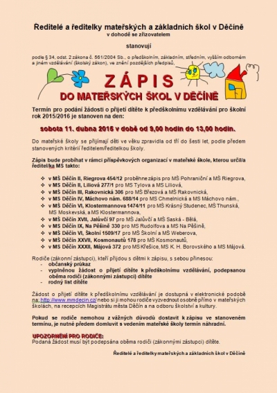 Z&aacute;pis do mateřsk&yacute;ch &scaron;kol bude letos v dubnu