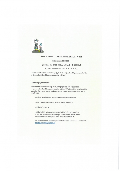 Z&aacute;pis do speci&aacute;ln&iacute; mateřsk&eacute; &scaron;koly VIL&Iacute;K
