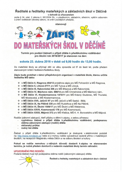 Z&aacute;pis do mateřsk&yacute;ch &scaron;kol v Děč&iacute;ně